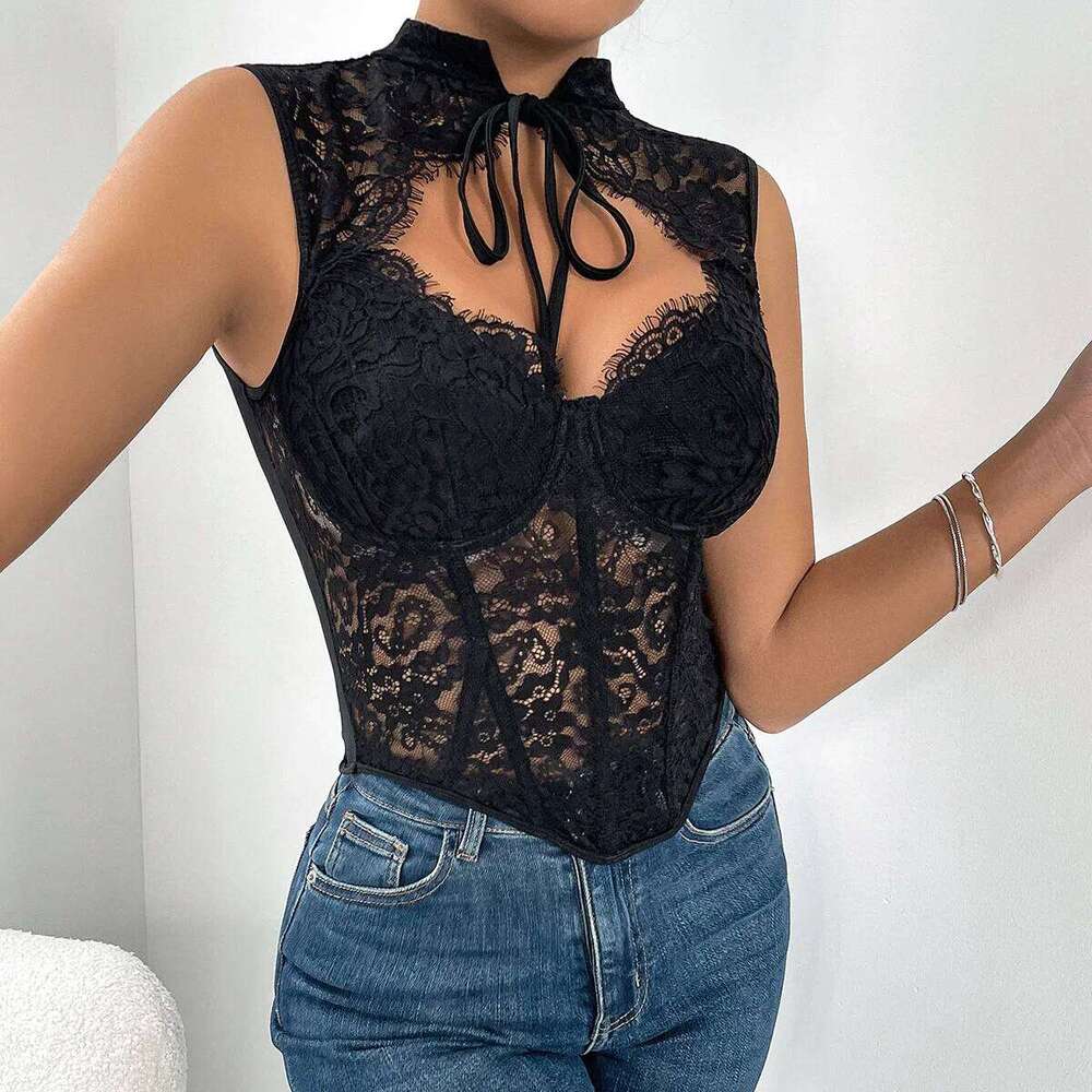 Lace Mesh Sheer Corset Tops Sexy Cut Chinese Style Bustier Summer Going Out Date Night Club Party Concert Fishbone Camisole