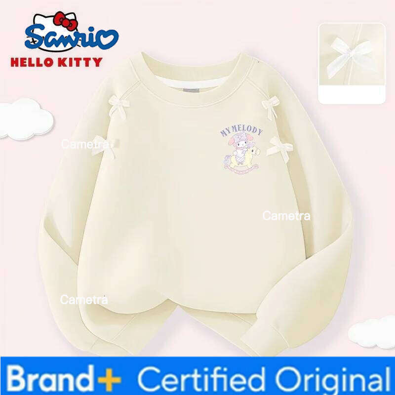 Sanrio Hello Kitty Kids Crew-neck Hoodies Girl Beige Trendy Bow Decor Sweatshirt Autumn Winter Breathable Comfortable Pullover H260112