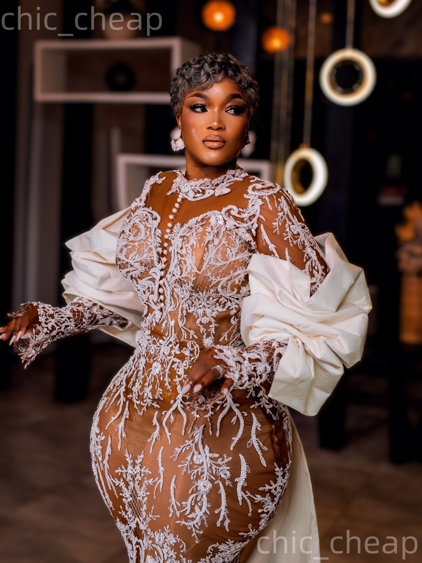 African Aso Ebi 2026 Ivory Mermaid Wedding Dress Illusion Sequined Lace With A Wrap Vintage Elegant Bridal Gowns Dresses ZJ2277