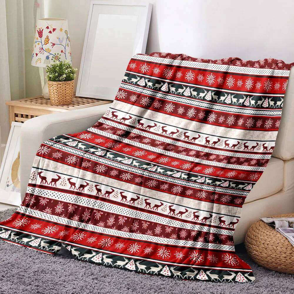Striped Blanket Traditional Red/White/Black Design with Snowflakes, Reindeer, Christmas Trees - Festive Throw for XJ260112