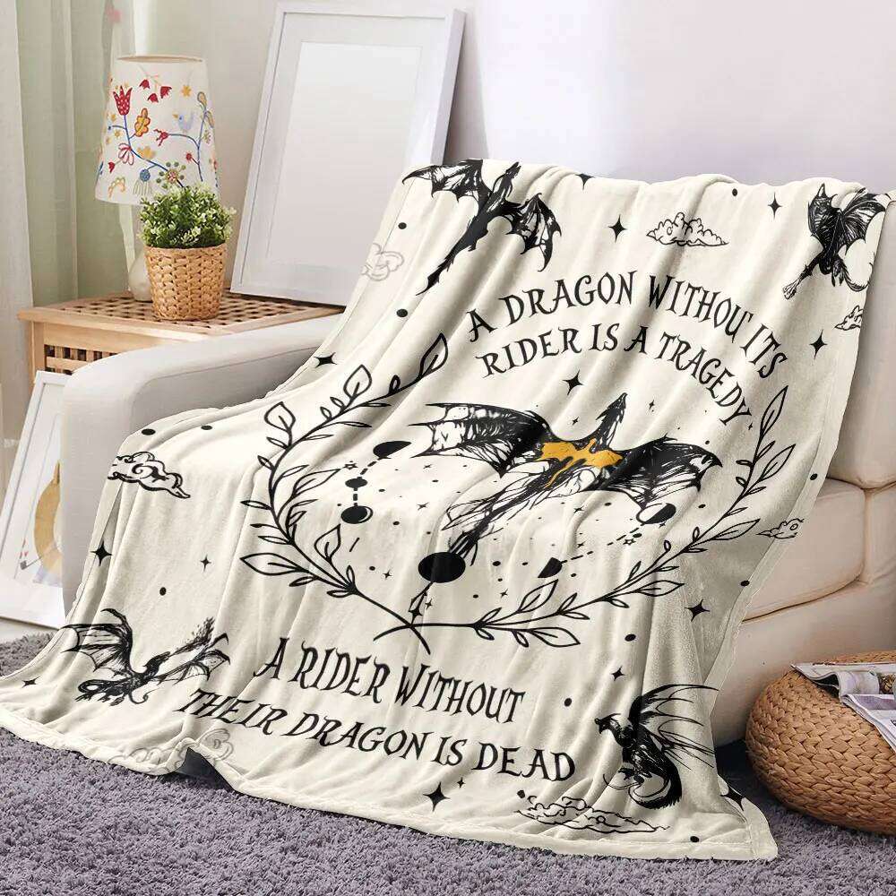 Dark Fantasy Dragon Wreath Throw Blanket - Beige Background with Stylized Black Dragon, Celestial Elements, and Heartfelt Quotes XJ260112