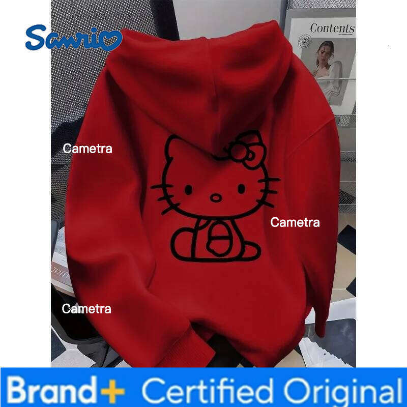 Sanrio New Hello Kitty Cartoon Print Hooded Fleece Sweater, Casual Style, Unisex, Warm Quick-drying for Autumn and Winter. H260112