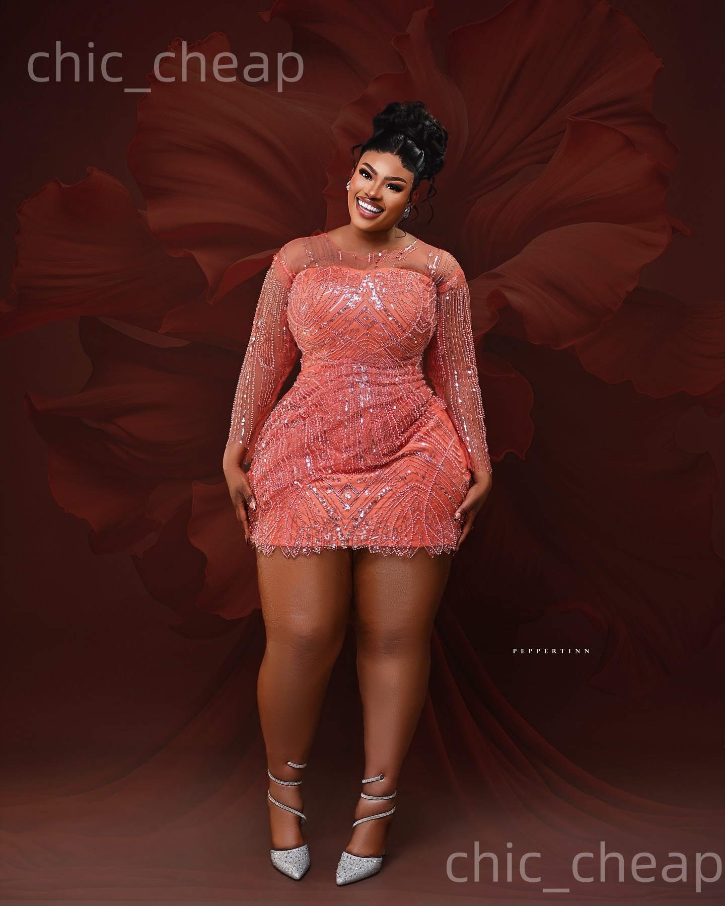 2026 Coral Sheath Cocktail Dress Sheer Neck Long Sleeves Sequined Short Mini Graduation Homecoming Dresses For Special Occasions Sweetheart Gowns ZJ05