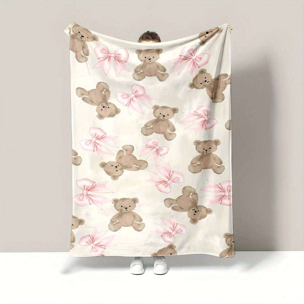 Soft Flannel Teen Girls' Blanket - Pastel Pink Brown Teddy Bear Plush Bow Design All-Season Cozy Bedspread for Bed Couch or Nap XJ260112