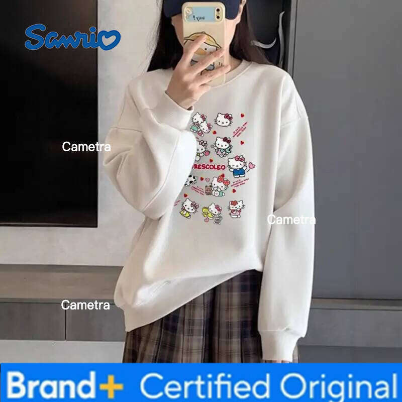 Sanrio Kawaii Hello Kittys Fresh Cute American Style Retro Spring Autumn College All-Match Add Velvet Hoodie Long Sleeves T-Shirt Girl H2601121