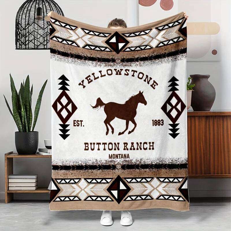 Vintage Southwestern Bohemian Throw Blanket Yellowstone 1885 Button Ranch Montana Design | Geometric & Horse Motifs XJ260112