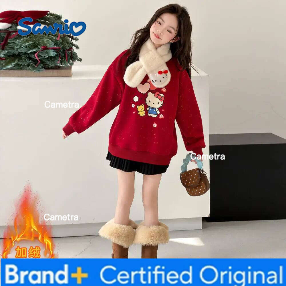 Sanrio Hello Kitty Girls Autumn Winter Sweatshirt Kids Pullover Warm Shirt Long Sleeve Jumper Youth Top Children's Clothing H260112