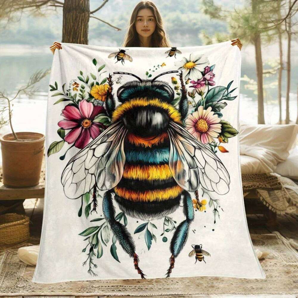 1pc Ultra Soft Lightweight Flannel Blanket with Vibrant Bee & Floral Design Cozy Warm Throw for Camping, Travel, Home Decor - XJ260112