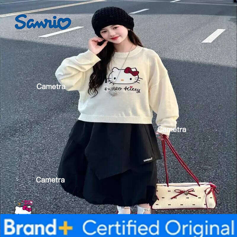 Sanrio Hello Kitty knitted Girls Kawaii Y2k Anime Children's Clothing Winter Oversized Child Casual Pullover Crew Neck top H260112
