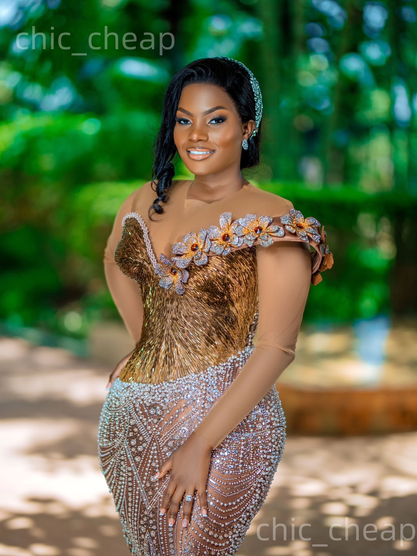 Aso Ebi Brown Mermaid Prom Dresses 2026 Flowers Beadedd Illusion Evening Formal Party Second Birthday Engagement Gowns Dress For Special Occasions