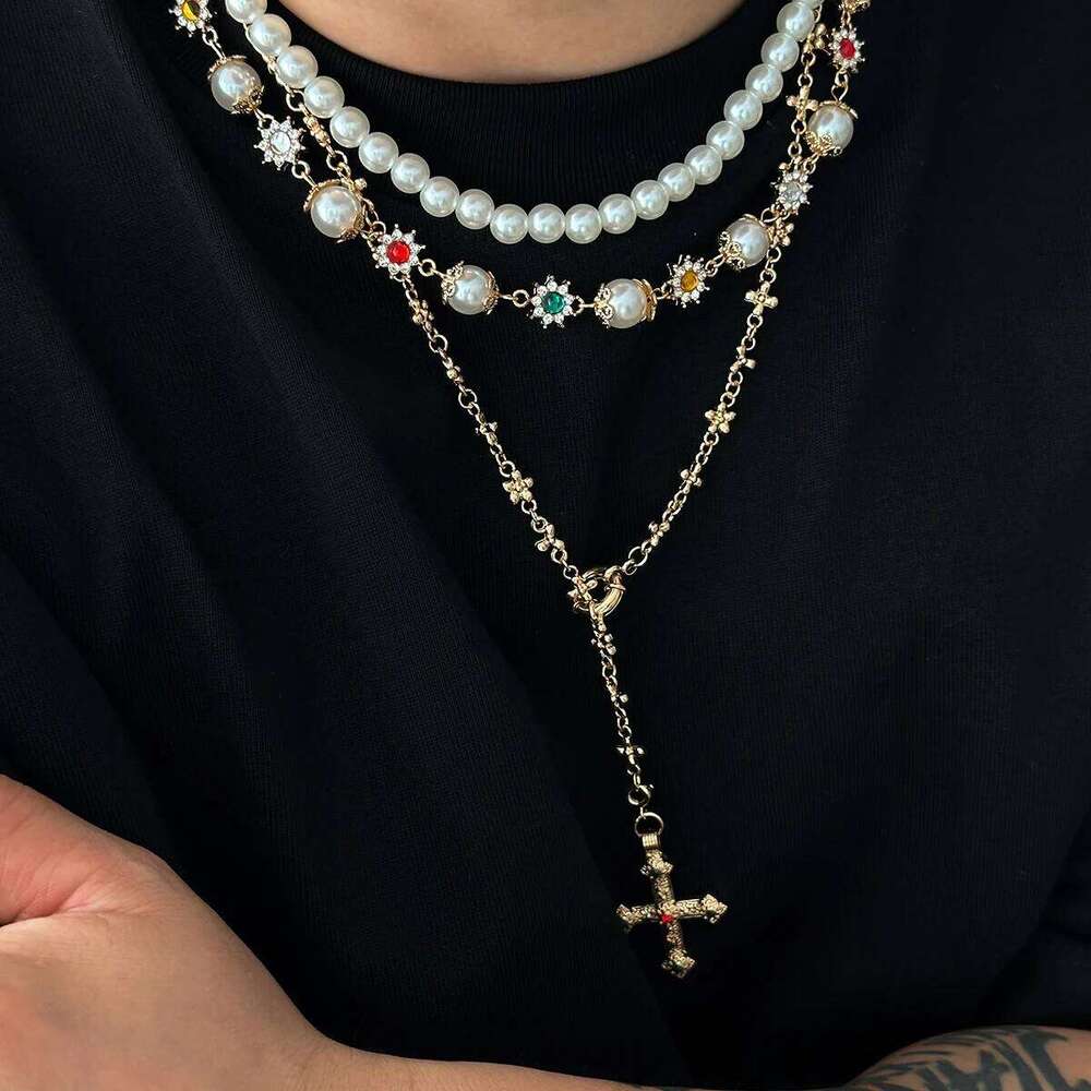 Ingemark 3Pcs/Set Creative Rhinestone Imitation Pearl Chain Necklace for Men Goth Jesus Cross Pendant Choker Y2K Jewelry Gifts H260112