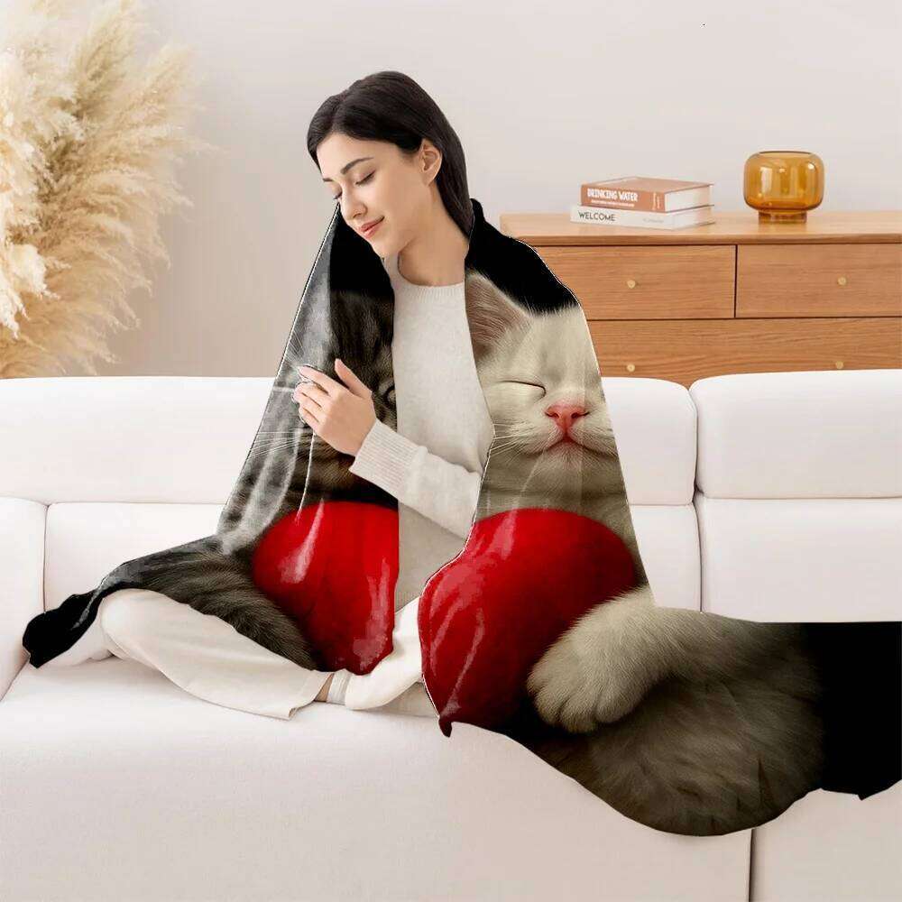 1pc Cozy White Kitten Plush Fleece Blanket - Grey Tabby & Cat with Heart Print, Soft Quilted-like Bedspread for Couch XJ260112