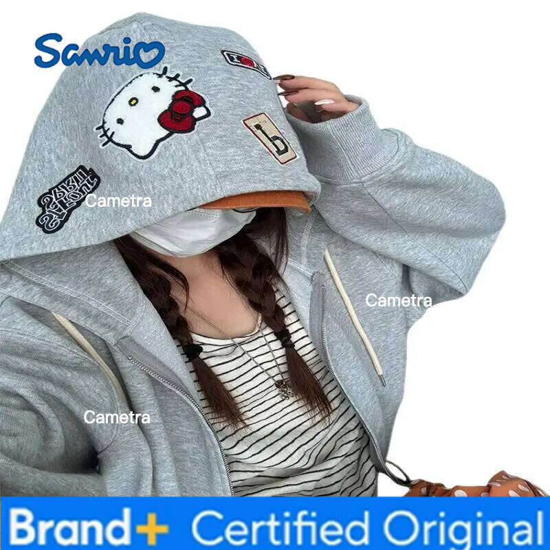 Sanrio Hello Kitty Women Hoodie Sweatshirt Jacket Autumn New Gray Drawstring Youthful Loose Cardigan Casual Streetwear Fashion Tops H260112