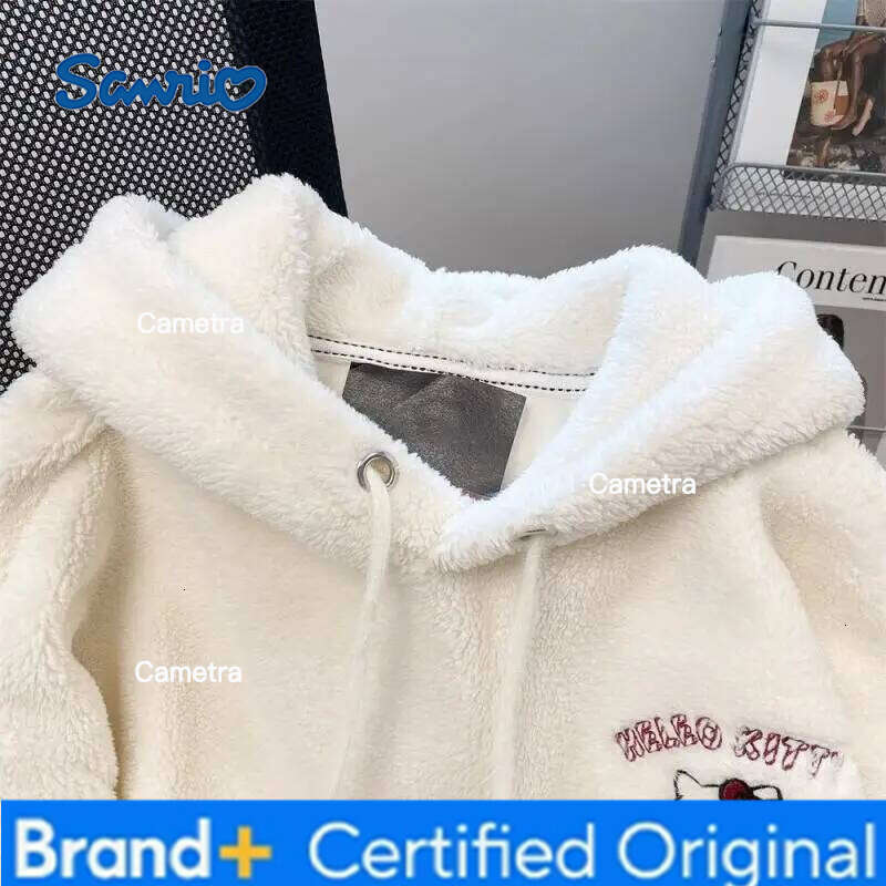 Sanrio Cartoon Hello Kittys Sherpa Embroidered Women Autumn Winter Cute Japanese Velvet Thickened Hooded Zipper Jacket Warm Tops H260112