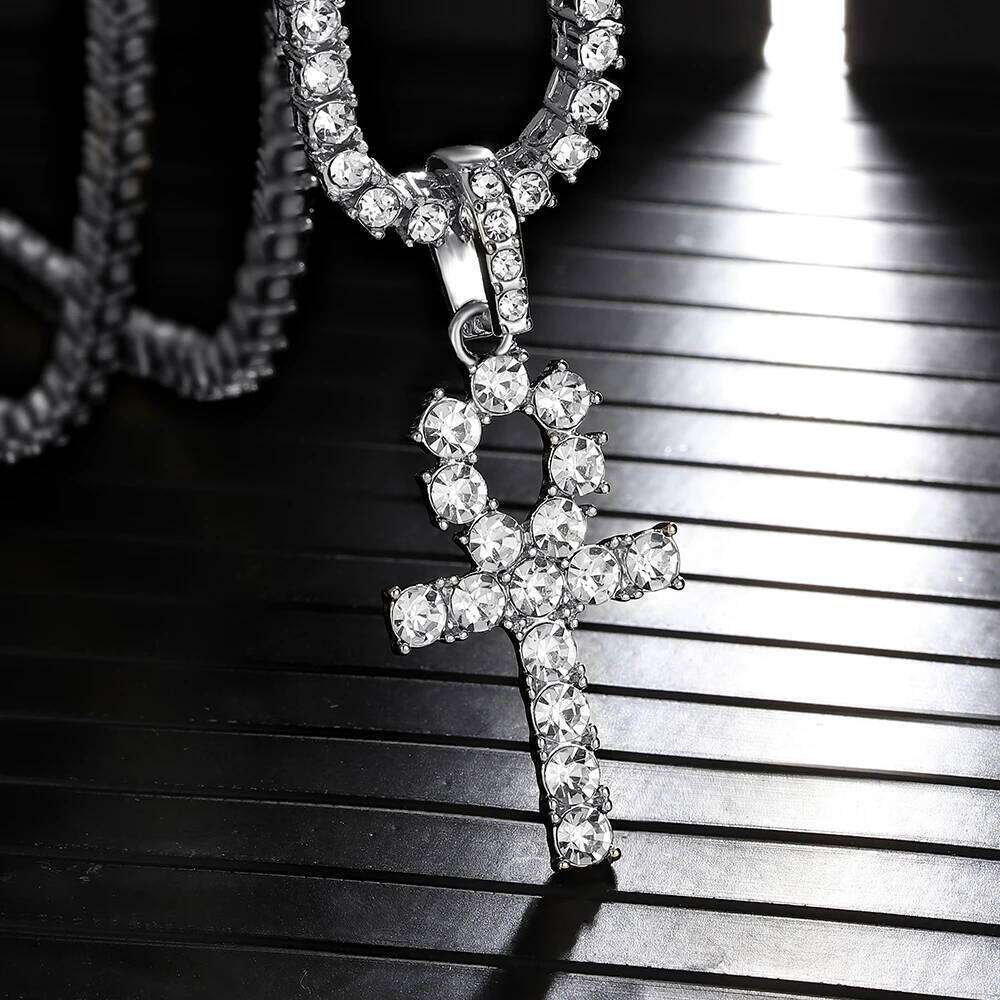 Iced Out Ankh Cross Pendant With 4mm Tennis Chain Necklace Good Luck Sparkling Hip Hop Creative Jewelry for Men Women Gift H260112