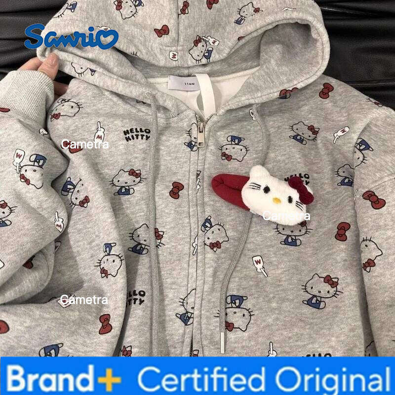Sanrio Girl Loves The Full Printed Hello Kitty Sweet Style Hooded Sweatshirt for Students Loose Casual Versatile Cardigan Jacket H260112