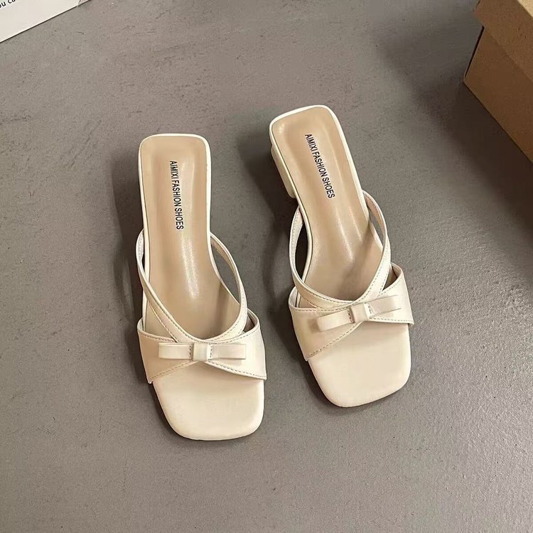 Ddmybagsvip French Bowknot One Strap Fairy Open Toe Slippers Summer Dress Outer Wear Square High Heel Sandals Outdoor Shoes