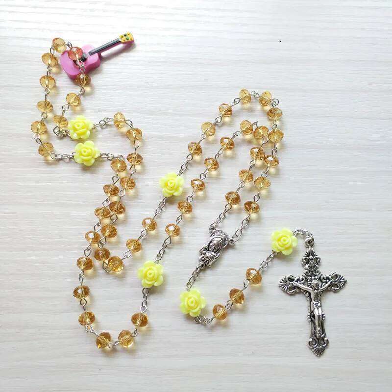 QIGO Pink Rose Crystal Rosary Catholic Vintage Cross Pendant Long Necklace Religious Jewelry H260112