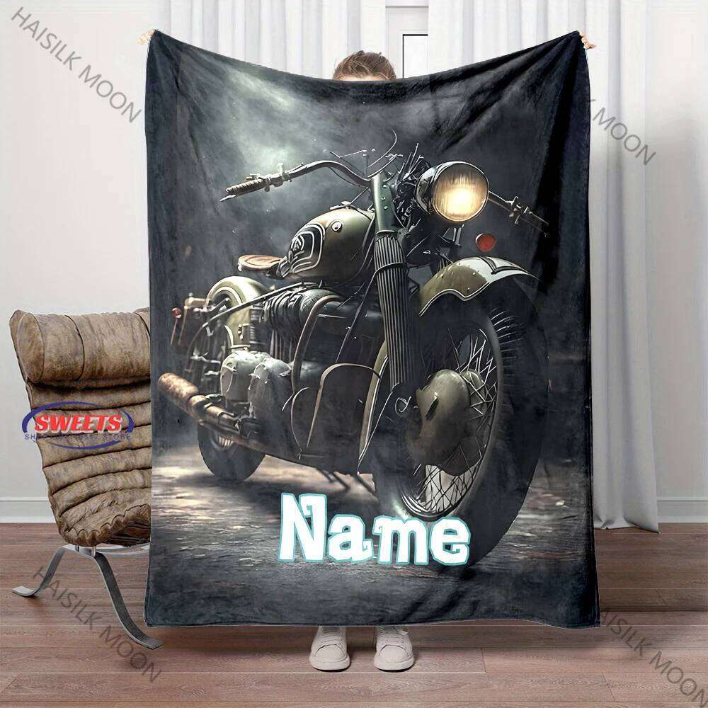 Personalized Name Customization - Vintage Motorcycle Printed Blanket Gifts for Husband Son, Birthday Christmas Thanksgiving Gift XJ260112