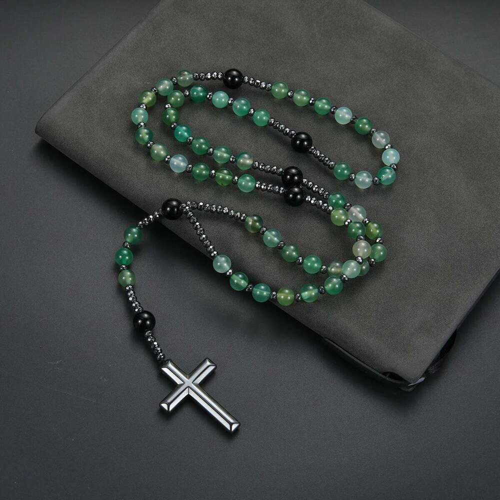 Fashion Gemstone Purple Green Round Beads Beaded Cross Pendant Rosary Necklace for Men and Women Prayer Gift H260112