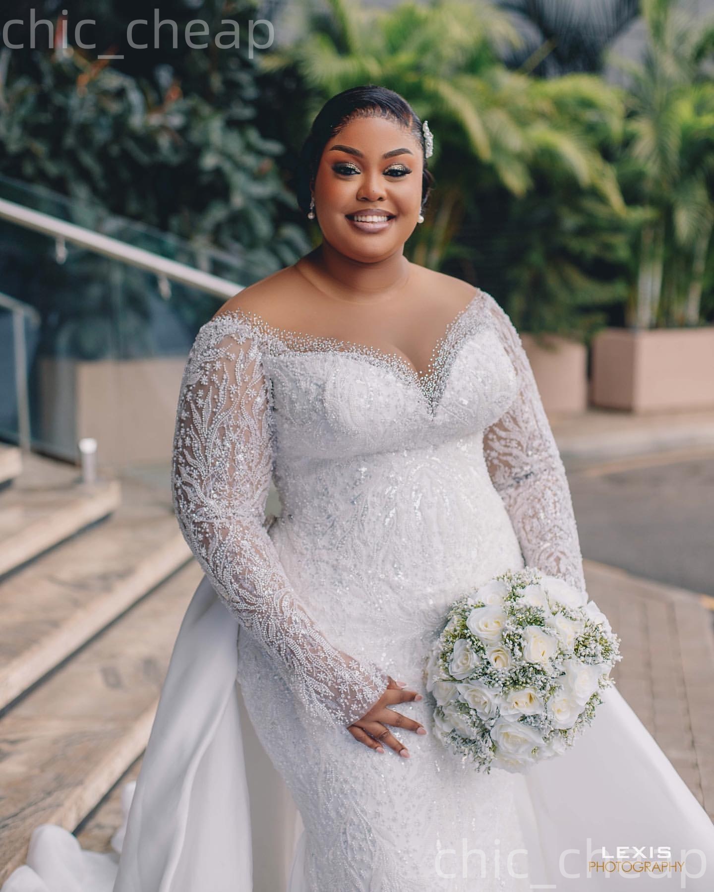 African Aso Ebi 2026 Ivory Mermaid Wedding Dress Beaded Sheer Neck Sequined Lace Vintage Detachable Train Elegant Bridal Gowns Dresses ZJ2271