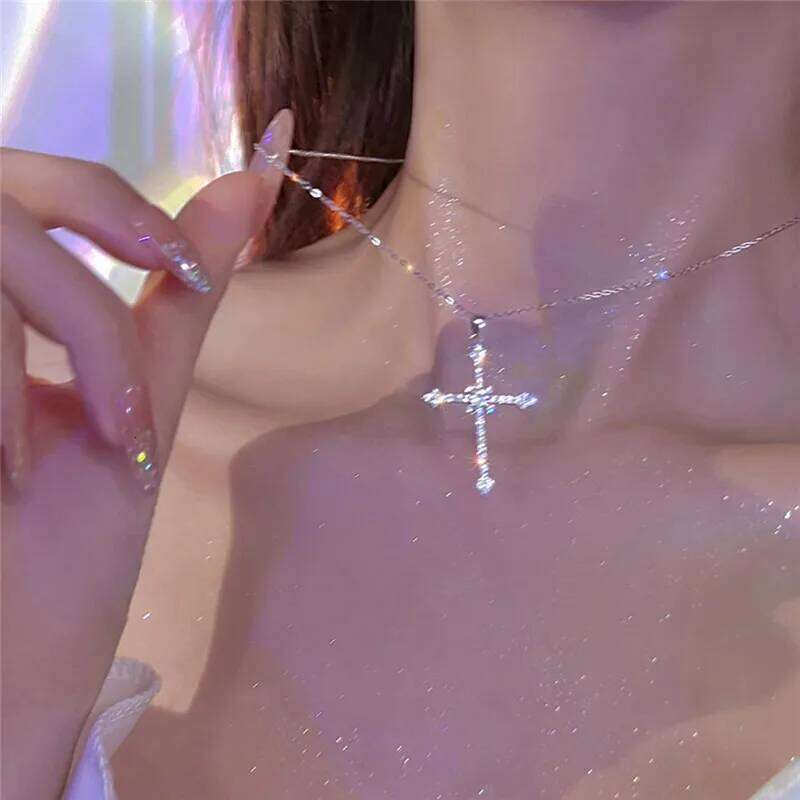 Fashion Zircon Cross Pendant for Women Girl Crystal Chain Necklace Punk Party Jewelry H260112