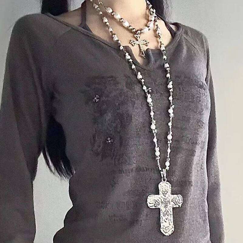 Grunge Jewelry Irregular Pearl Cross Pendant for Female Punk Charm Geometric Korean Fashion Necklace Gothic H260112