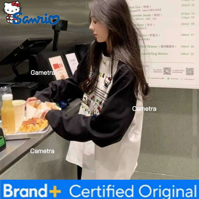 Sanrio HelloKitty Girl cotton Kawaii Anime Fashion Student Casual Long-Sleeved Spring and Autumn Base shirt Round neck New top H260112