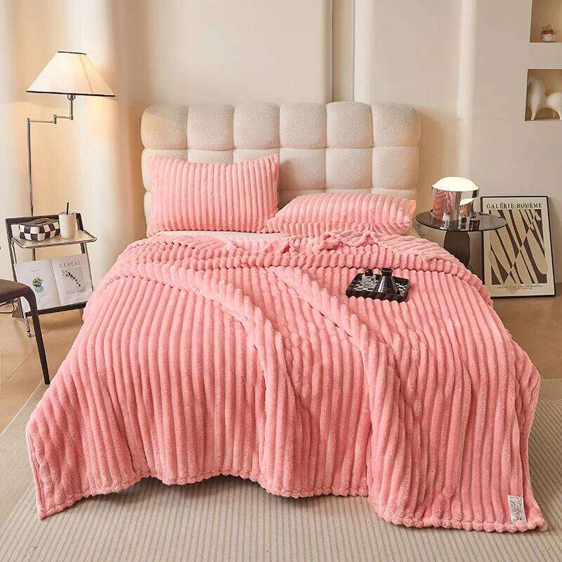 Korean Style Throw Couch, Cozy Warm Plush Striped Blanket for Sofa Bedroom Living Room,All Season Use Festival Decor XJ260112
