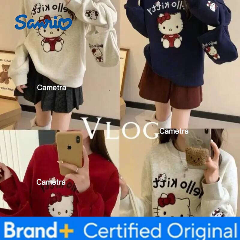 Sanrio Hello Kitty Kawaii Anime Fashion Casual Embroidered Round Neck Sweatshirt With Loose Knit Long Sleeves Women's Pajamas H260112