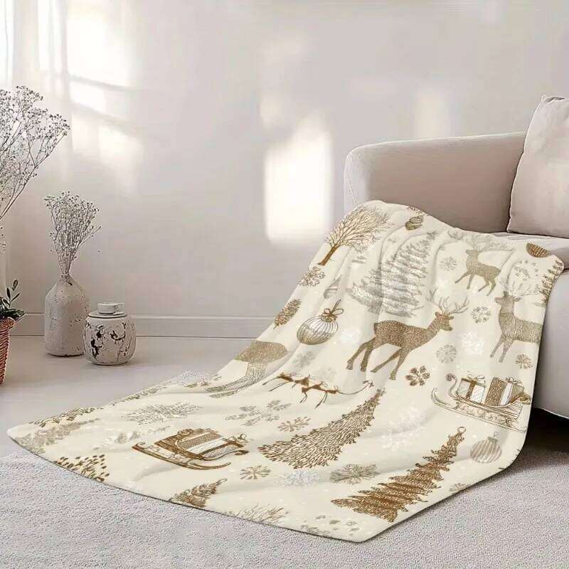 1pc Ultra-Soft Luxury Flannel Christmas Blanket - Vintage Winter Scenes with Reindeer XJ260112