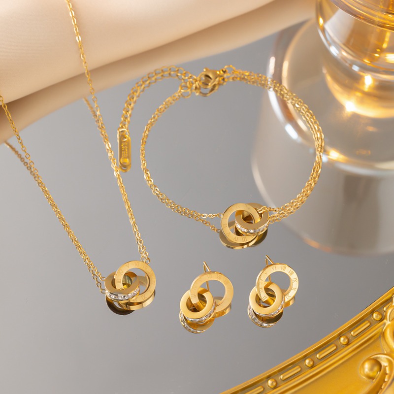Women's Roman Numeral Double Circle Cubic Zirconia Titanium Steel Necklace Dainty Light Luxury Clavicle Chain Trendy Fashion Jewelry