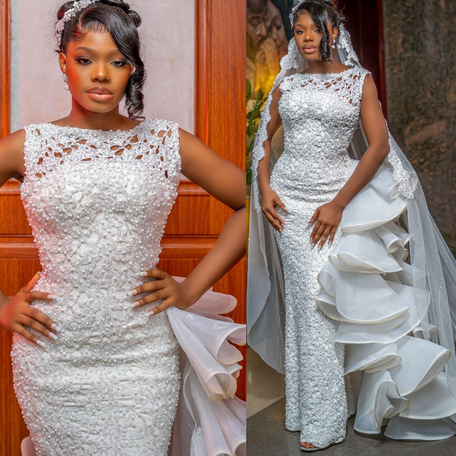 African Aso Ebi 2026 Ivory Sheath Wedding Dress Pearls Lace Vintage Detachable Train Elegant Bridal Gowns Dresses ZJ225