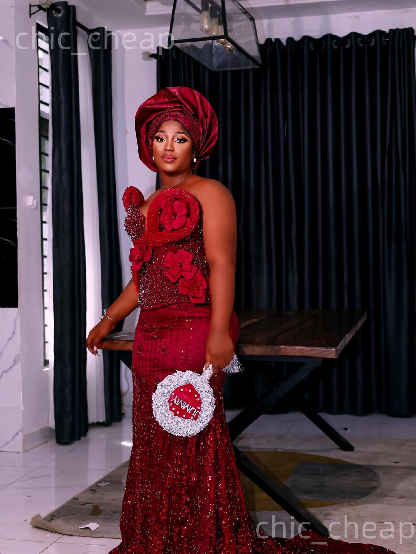 Aso Ebi Nigerian Dark Red Mermaid Prom Dresses 2026 Flowers Crystals Beaded Lace Evening Formal Party Second Birthday Engagement Gowns Dress For Speci