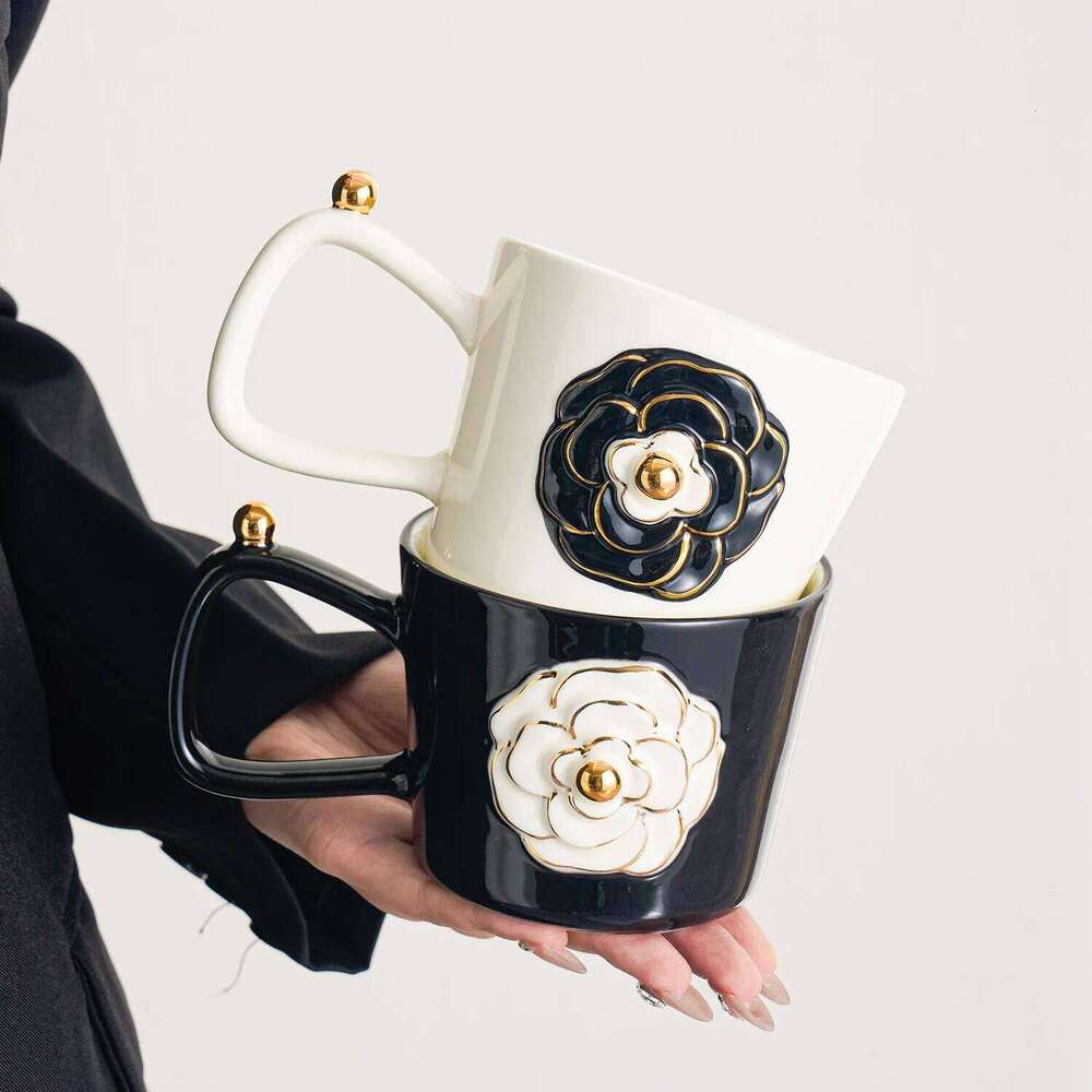 Drinking Utensils Novelty Embossed Camellia Mug 350ML Tableware for Hot Beverages Perfect for Outdoor Use Office Desk Camping Leak Proof Ceramic Cup G