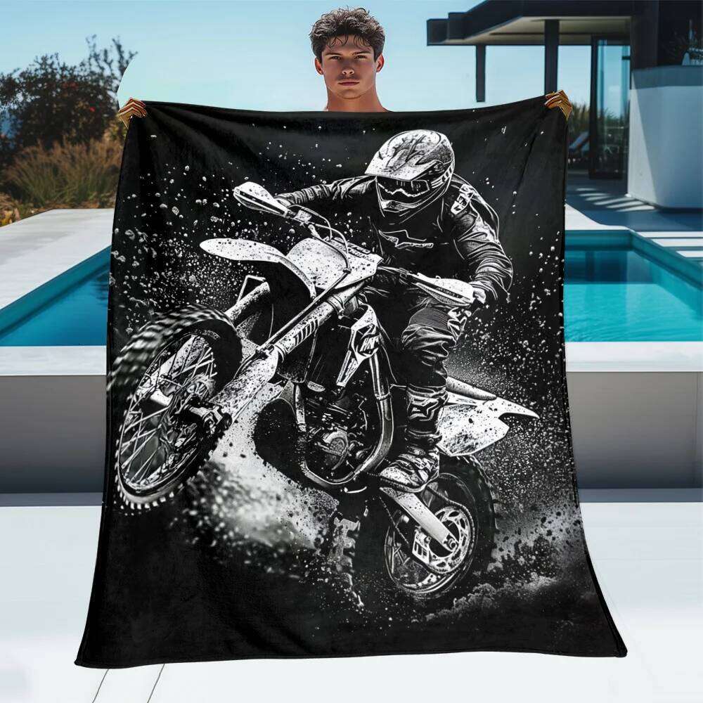 Motorcycle Rider Dirt Bike Action Fleece Black White Graphic Throw Blanket Biker Theme Soft Plush Bedding Gift for Men XJ260112