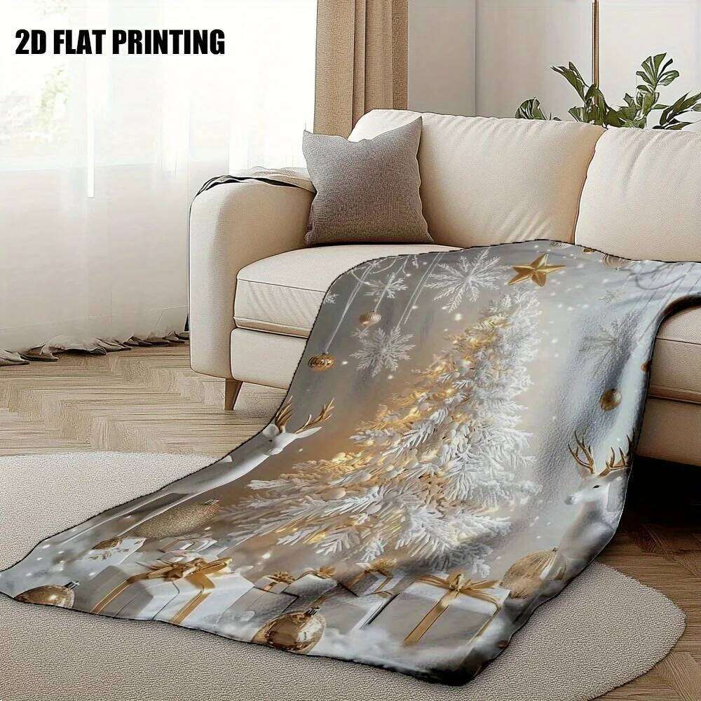 Christmas Deer Flannel Throw Blanket, Winter Wonderland Design in White Gold, Plush All Season for Sofa Bed, Festive Decor Gift XJ260112