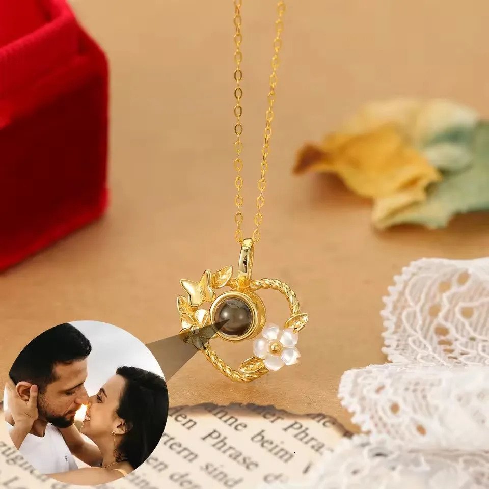 Flower Pendant ValentinesDay Jewelry 925 Silver Projection Necklace Customized Po Necklace Heart shaped Silver Necklace 260107