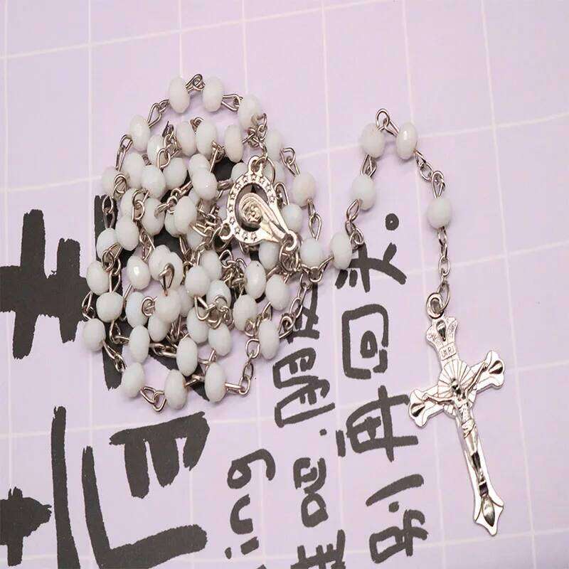 Classic 6mm Rosary Catholic Holy Site Cross Pray Necklace, Fashion Crystal Rose Necklace H260112