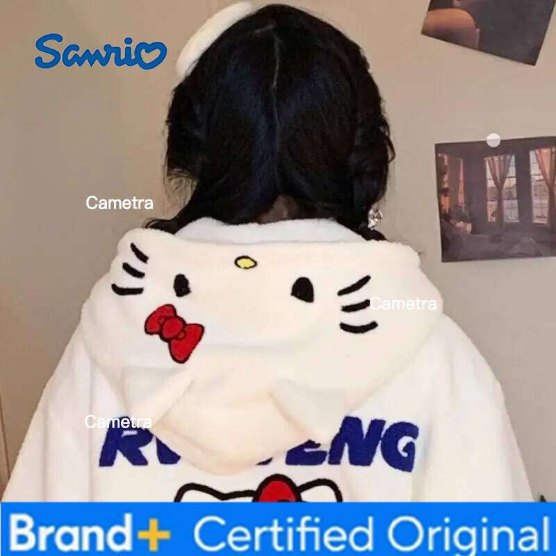 Sanrio Anime Hello Kitty Cute Jacket Cartoon Kawaii Y2K Women Tops Fashion Sweetheart Girl Sweatshirts Fleece Warm Hooded Zip-Up H260112