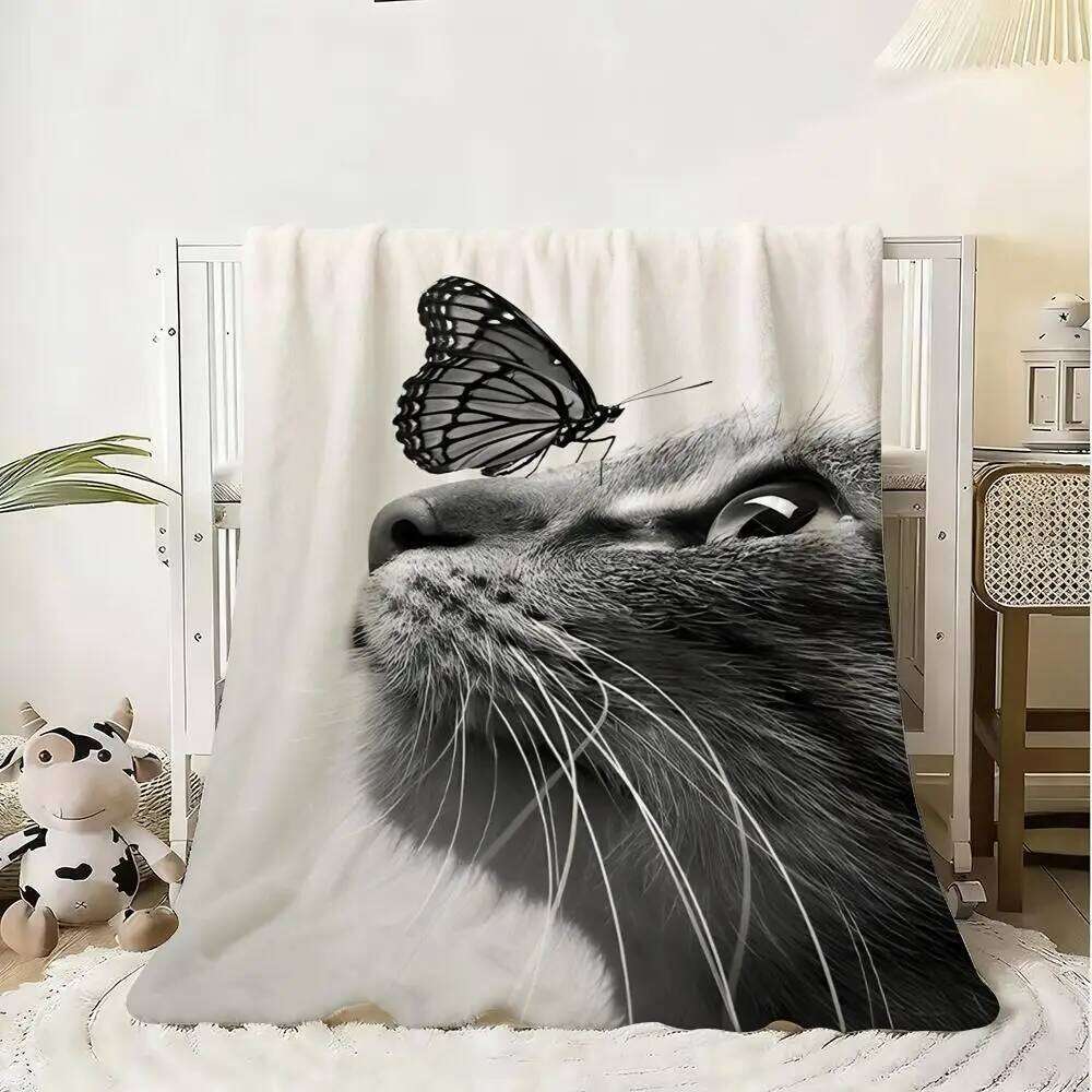 Black And White Cats Butterfly Flannel Fluffy Soft Blanket Warm Skin-Friendly Throw For Sofa Bed Office Nap Winter XJ260112