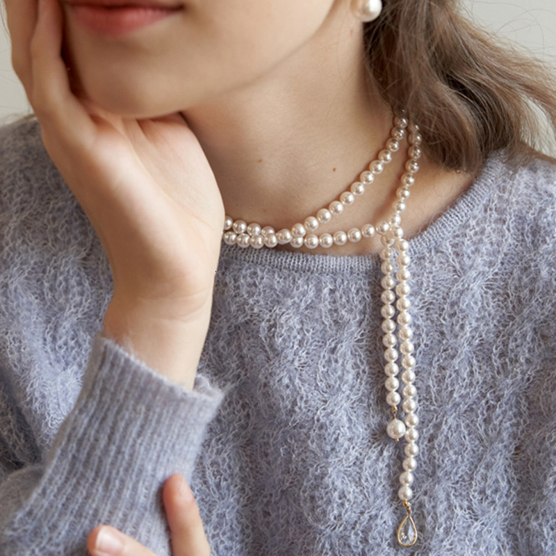 GuaiGuai Jewelry 2 Rows Cultured White Rice Pearl Teardrop Keshi Pearl Lariat Long Sweater chain Necklace Handmade For Women 240518