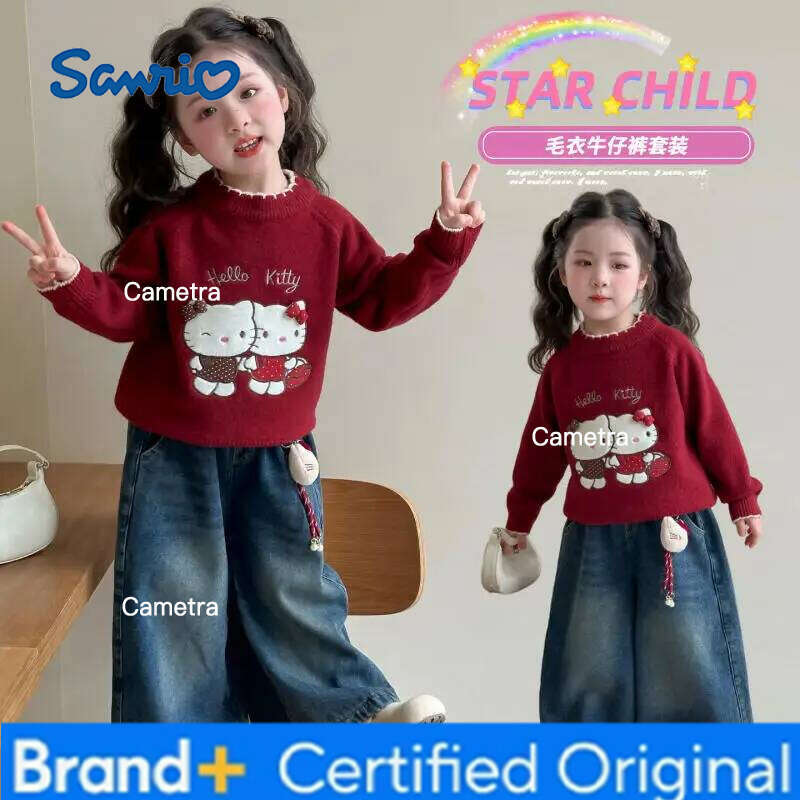 Sanrio Girl's Hello Kitty Kawaii Sweater Autumn/winter 2025 New Children's Cartoon Anime Fashion Jeans Sweet and Comfortable Soft Set H26011