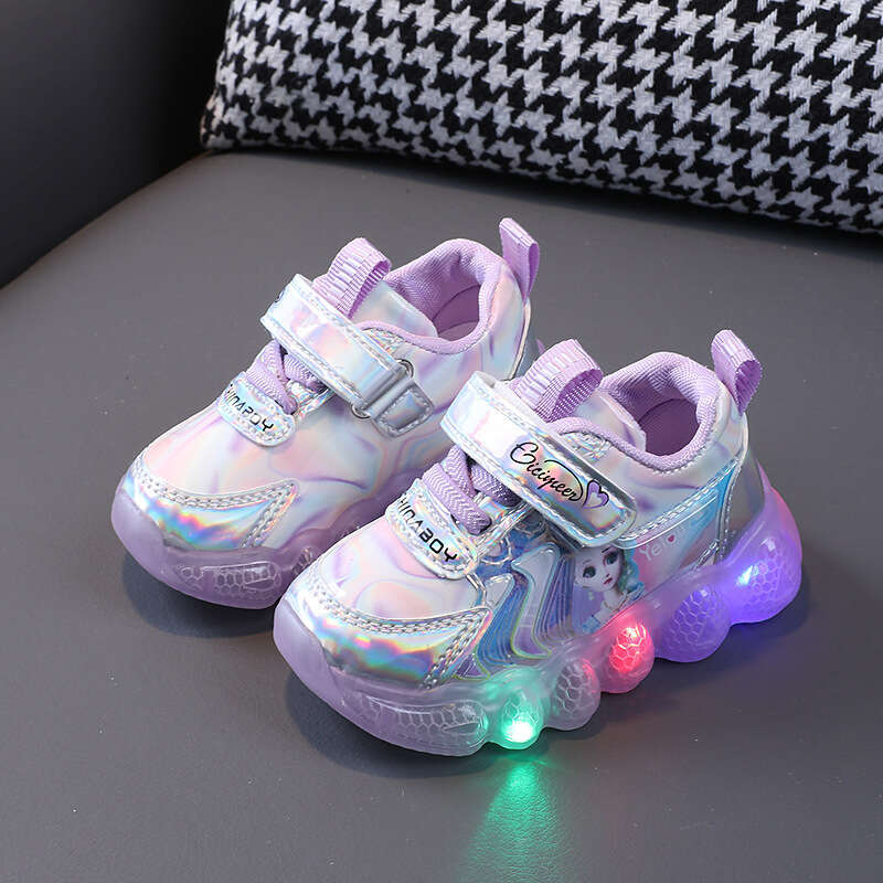 Light-Up Girls' Leather Sneakers Little Girls Cartoon Princess Soft Sole Non-Slip Walking Baby Shoes