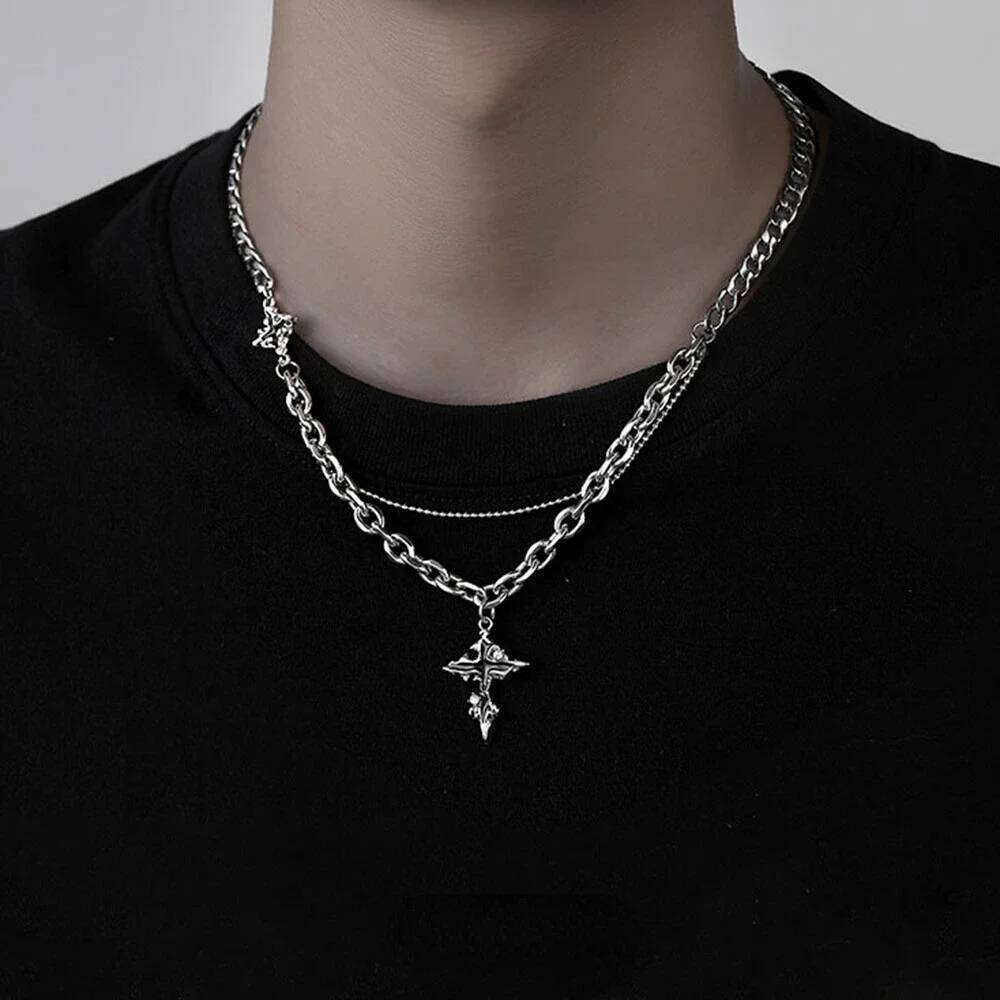 Punk Black Cross Necklace For Men Women Trend Titanium Steel Chain Sweater Pendant Hip Hop Jewelry Cool Accessories H260112
