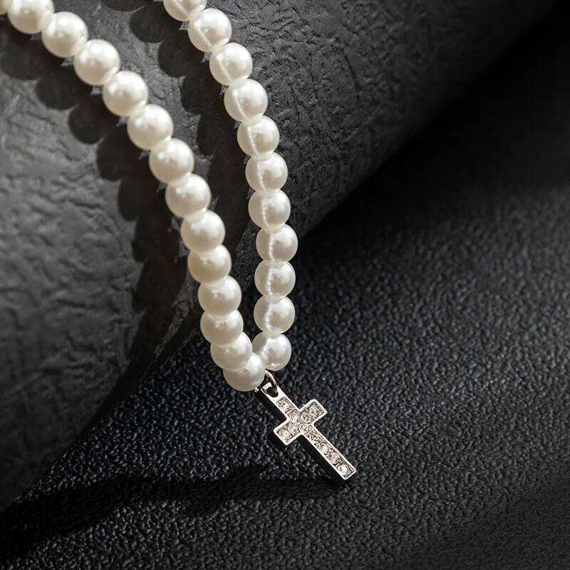 Cool Y2K Neck Chains for Men Korean Fashion Necklace Cross Pendant with Rhinestone Teenager Pearl Choker Jewelry H260112