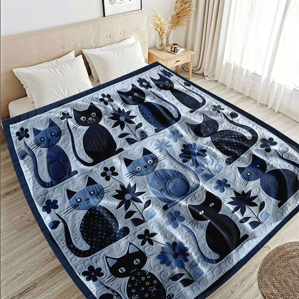 Cute Blue Floral Pattern Quilted Camping Travel Sofa Bed Cozy Warm Throw Blanket for Cat Lovers Home Decor Gift XJ260112