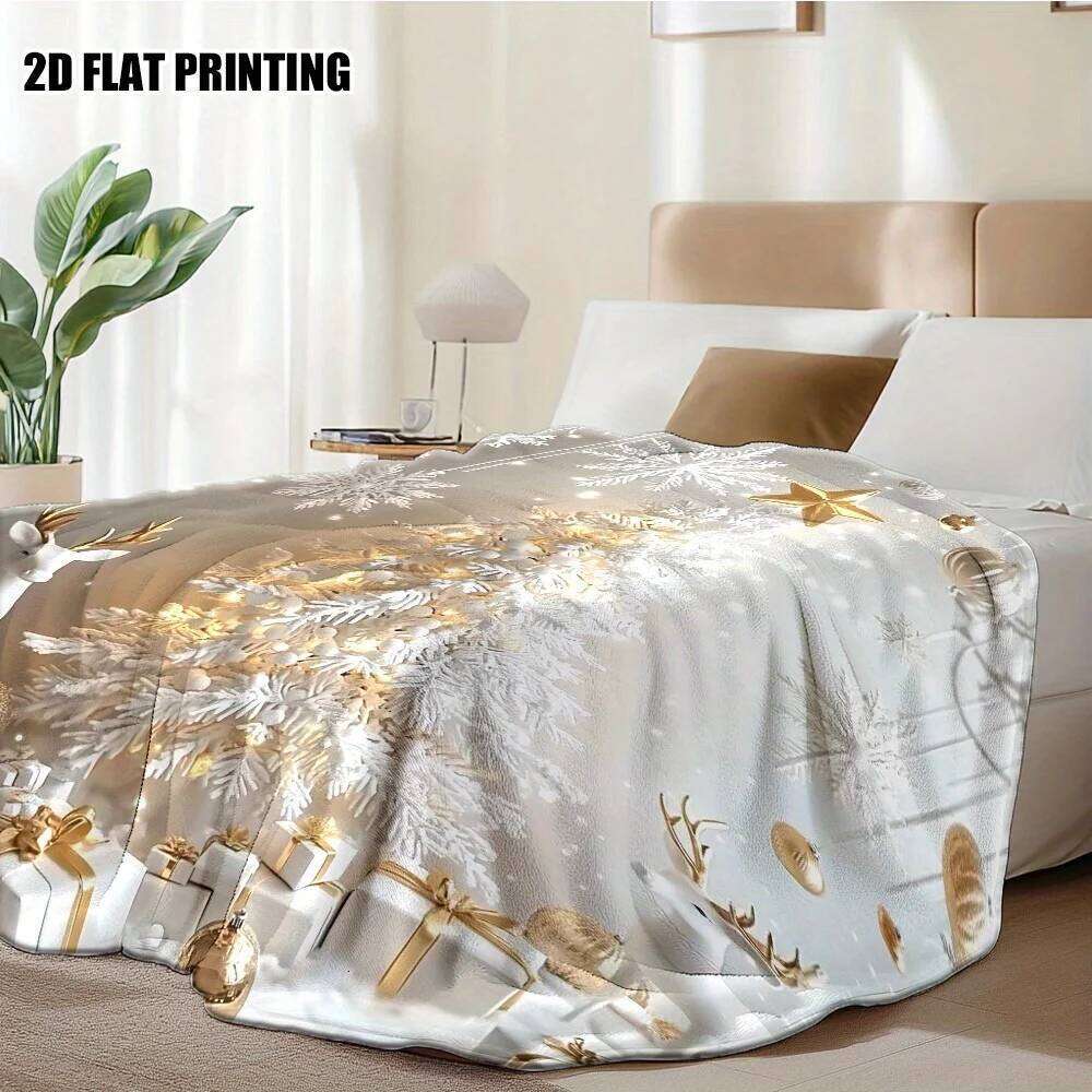 Christmas Deer Flannel Throw Blanket, Winter Wonderland Design in White Gold, Plush All Season for Sofa Bed, Festive Decor Gift XJ260112