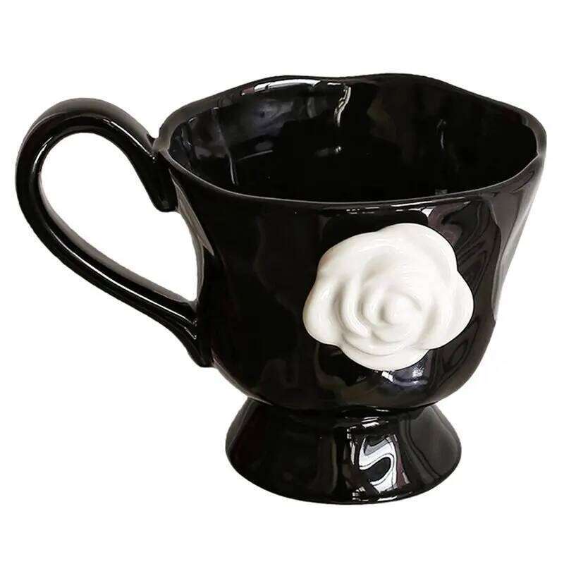 A03F- Mug Camellia Embossed French Household Style Breakfast Milk Office Coffee Cup, Retro Design With Handle