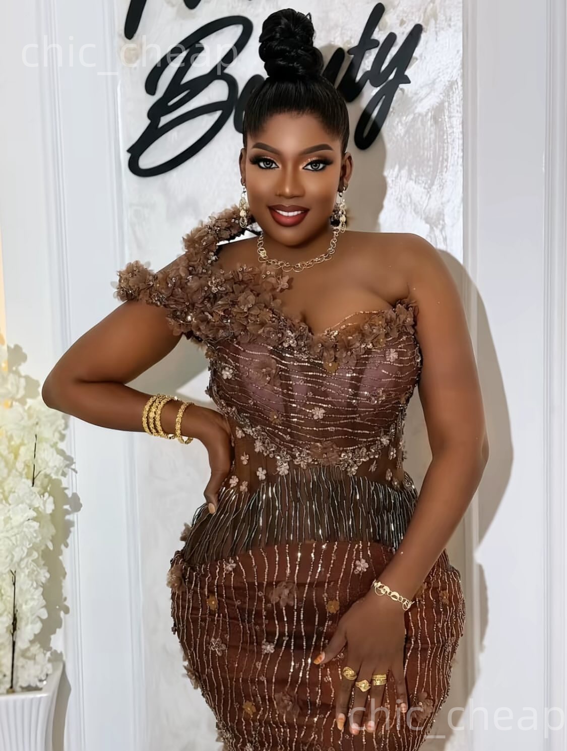 Aso Ebi Brown Mermaid Prom Dresses 2026 One Shoulder Flowers Crystals Beaded Evening Formal Party Second Birthday Engagement Gowns Dress For Special O